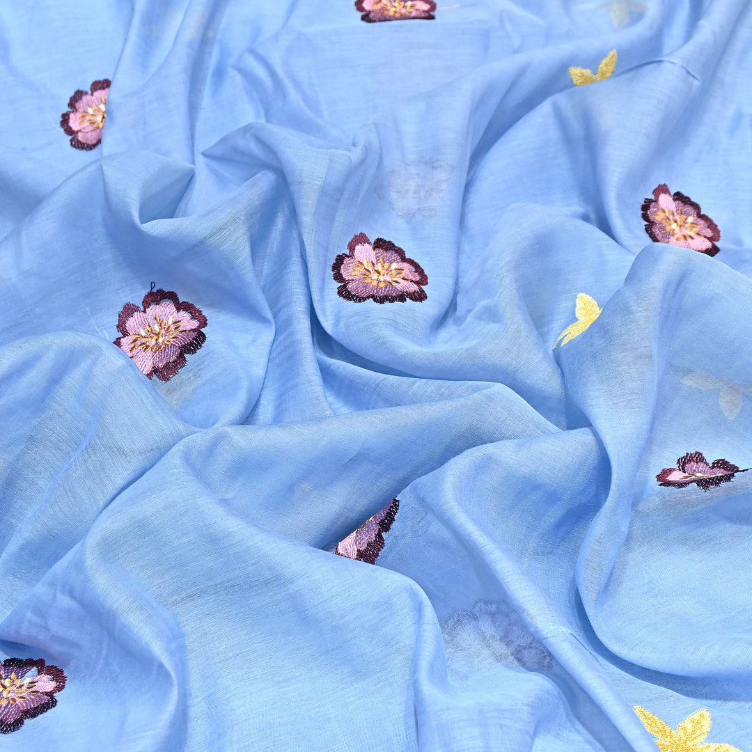 Powder Blue Color Mul Chanderi Floral Thread Embroidered Fabric - Chanderi Embroidery Fabrics GP3841A-03