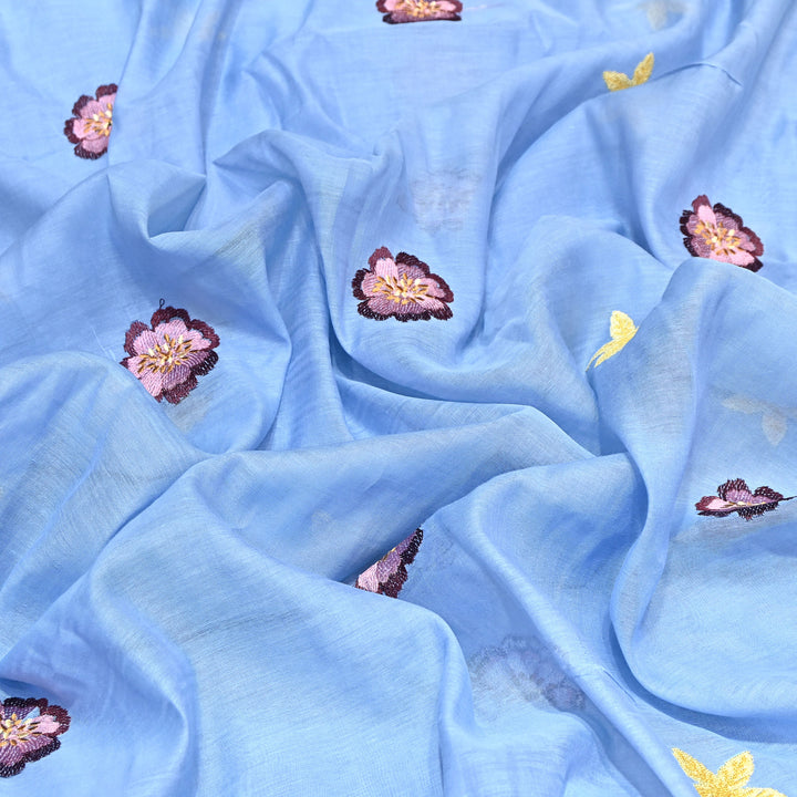 Powder Blue Color Mul Chanderi Floral Thread Embroidered Fabric - Chanderi Embroidery Fabrics GP3841A-03