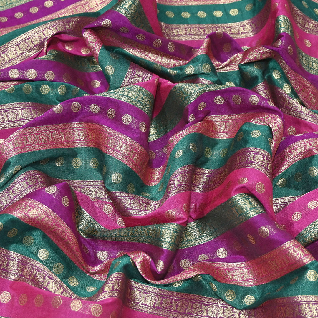 Premium Katan Silk Multi Rangat Zari Brocade Fabric | Multicolor Stripes & Zari Buti | RANG225-9