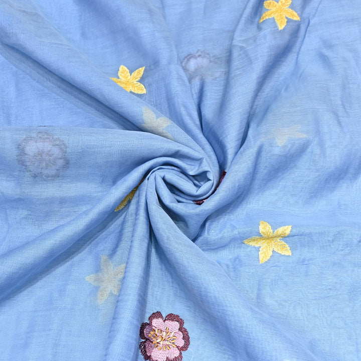 Powder Blue Color Mul Chanderi Floral Thread Embroidered Fabric - Chanderi Embroidery Fabrics GP3841A-03