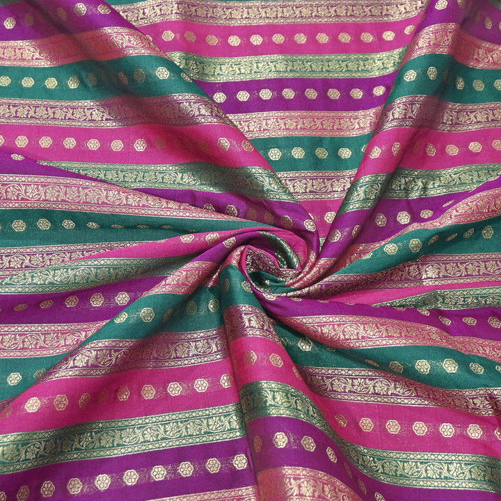 Premium Katan Silk Multi Rangat Zari Brocade Fabric | Multicolor Stripes & Zari Buti | RANG225-9