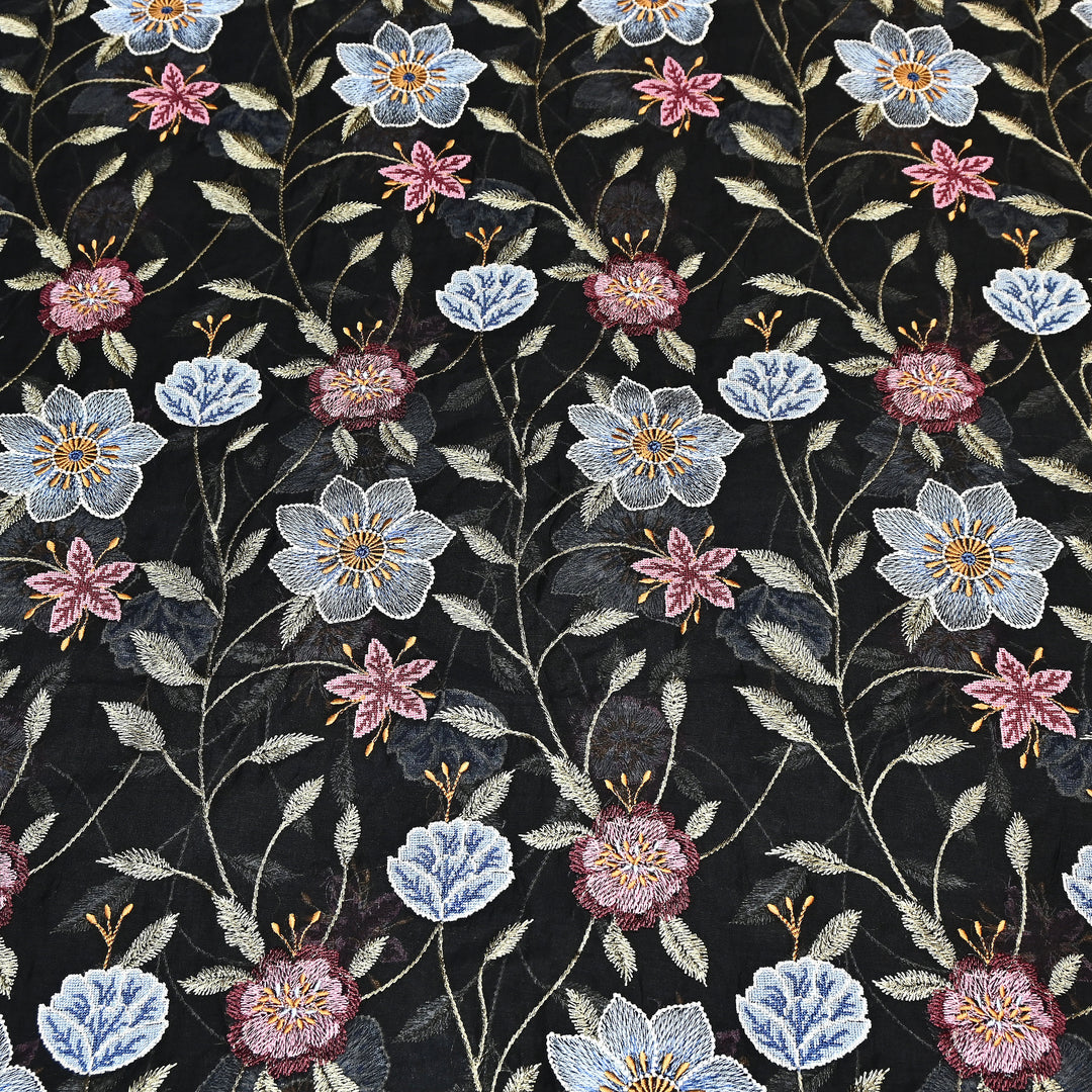 Black Color Mul Chanderi Floral Thread Embroidered Fabric - Chanderi Embroidery Fabrics GP3841-04