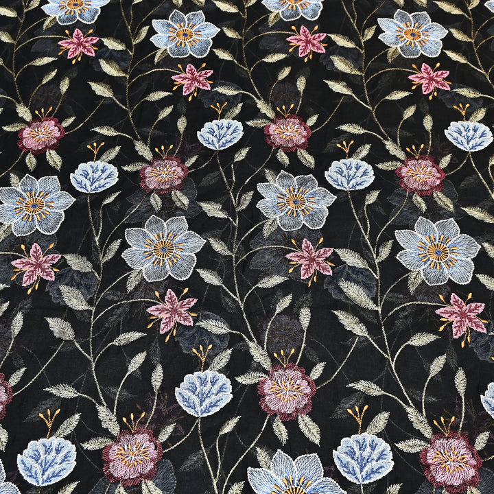 Black Color Mul Chanderi Floral Thread Embroidered Fabric - Chanderi Embroidery Fabrics GP3841-04