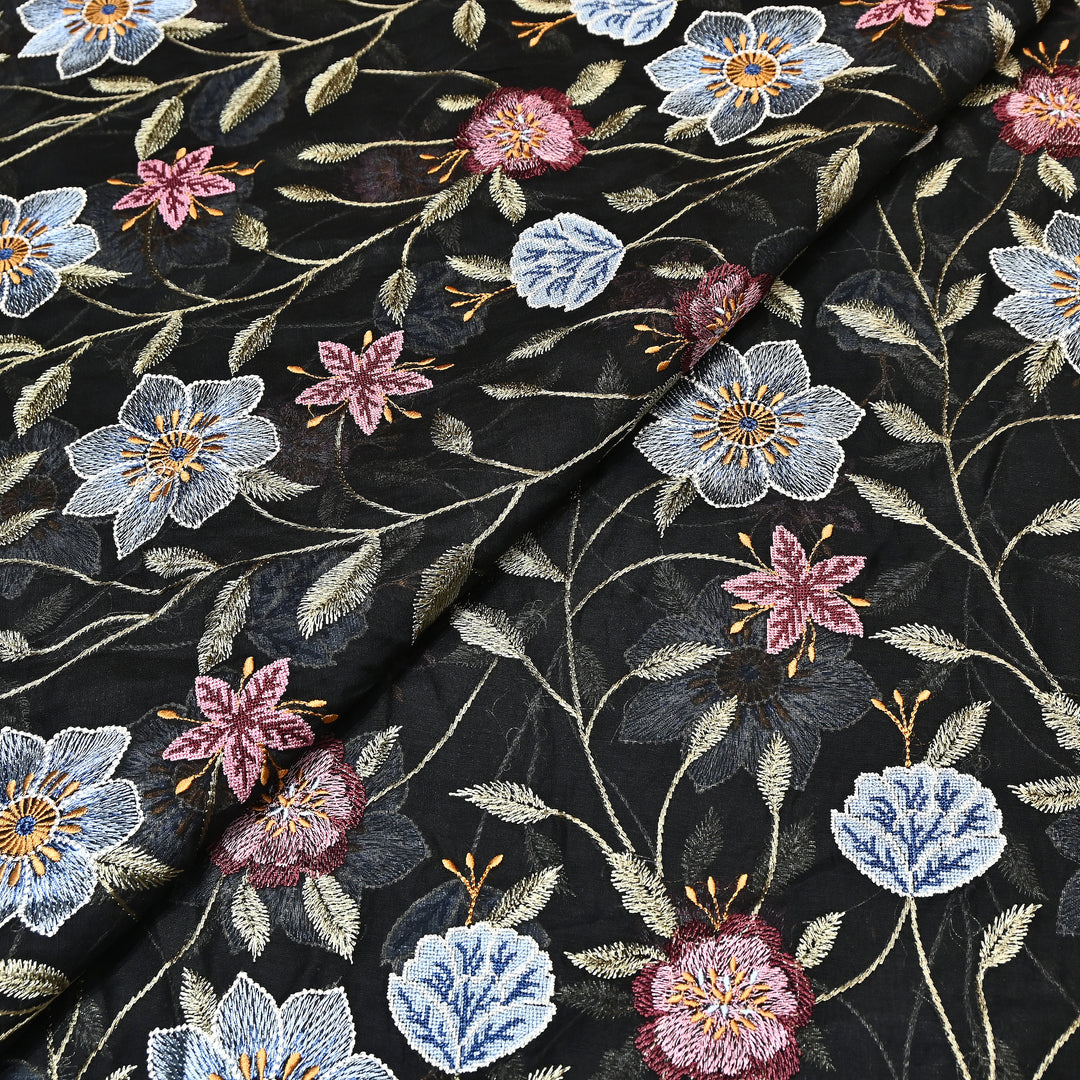 Black Color Mul Chanderi Floral Thread Embroidered Fabric - Chanderi Embroidery Fabrics GP3841-04