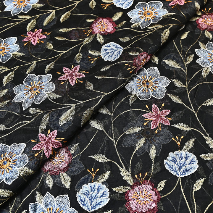 Black Color Mul Chanderi Floral Thread Embroidered Fabric - Chanderi Embroidery Fabrics GP3841-04