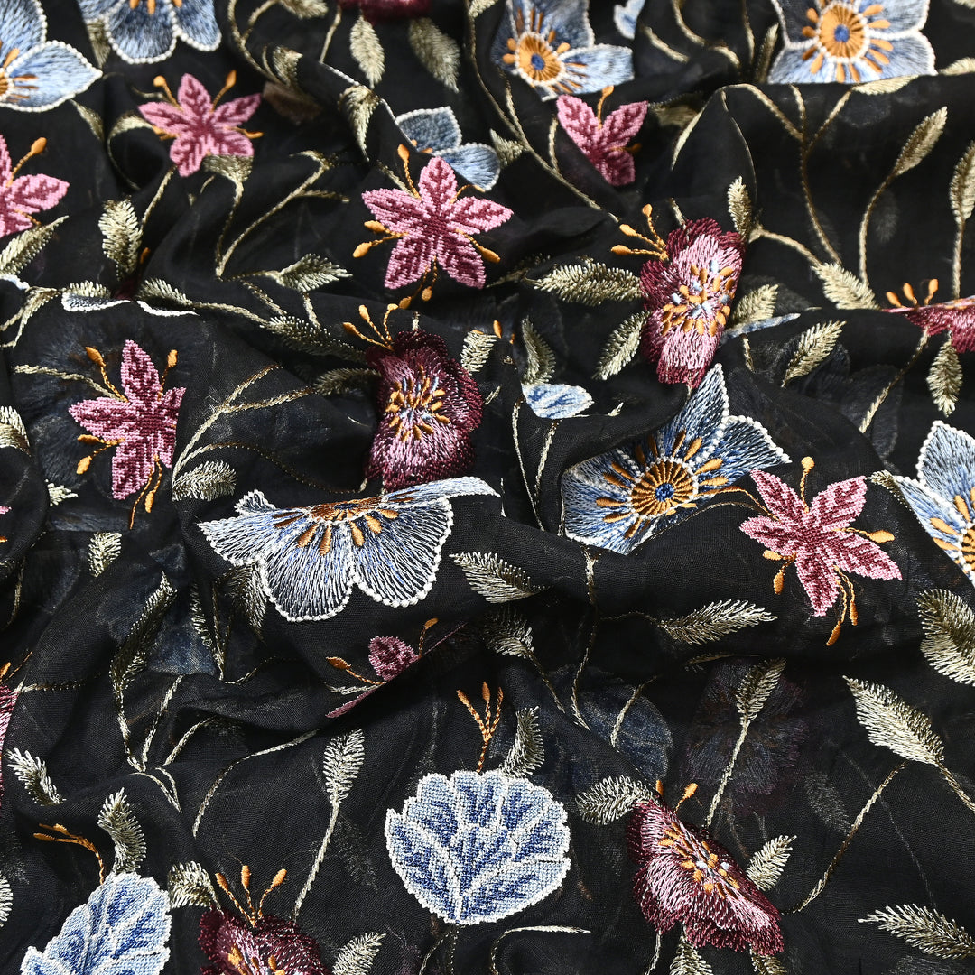 Black Color Mul Chanderi Floral Thread Embroidered Fabric - Chanderi Embroidery Fabrics GP3841-04