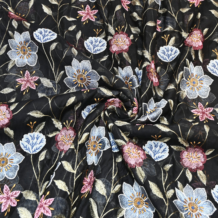 Black Color Mul Chanderi Floral Thread Embroidered Fabric - Chanderi Embroidery Fabrics GP3841-04