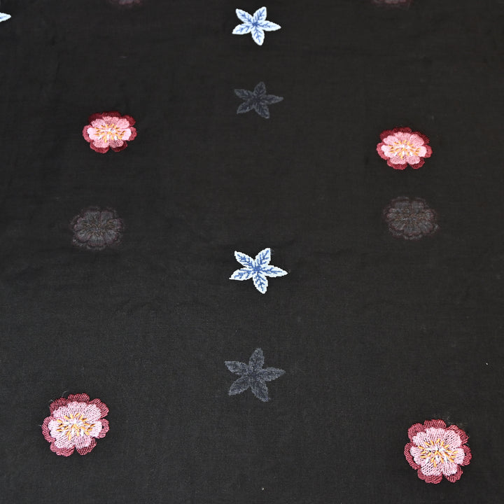 Black Color Mul Chanderi Floral Thread Embroidered Fabric - Chanderi Embroidery Fabrics GP3841A-04