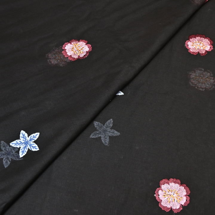 Black Color Mul Chanderi Floral Thread Embroidered Fabric - Chanderi Embroidery Fabrics GP3841A-04