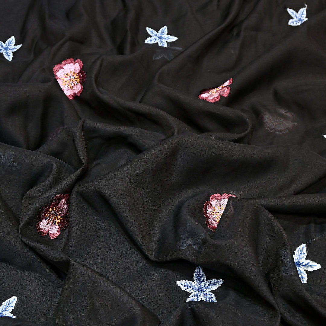 Black Color Mul Chanderi Floral Thread Embroidered Fabric - Chanderi Embroidery Fabrics GP3841A-04
