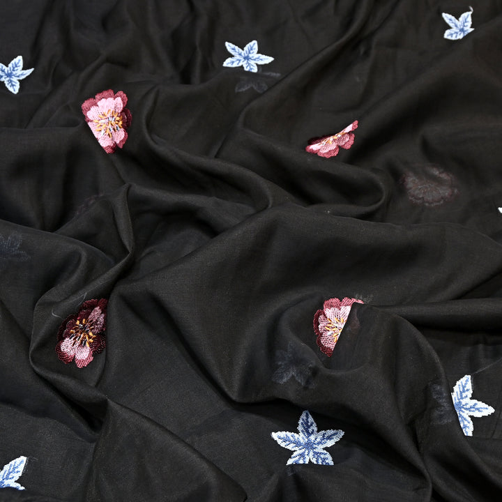 Black Color Mul Chanderi Floral Thread Embroidered Fabric - Chanderi Embroidery Fabrics GP3841A-04