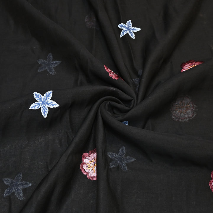 Black Color Mul Chanderi Floral Thread Embroidered Fabric - Chanderi Embroidery Fabrics GP3841A-04