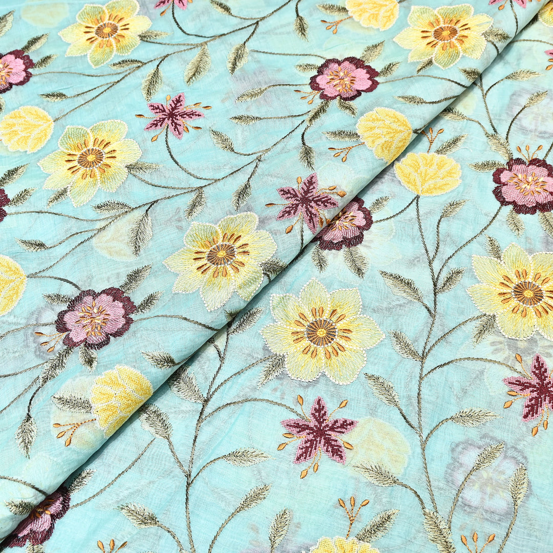 Aqua Mint Color Mul Chanderi Floral Thread Embroidered Fabric - Chanderi Embroidery Fabrics GP3841-05