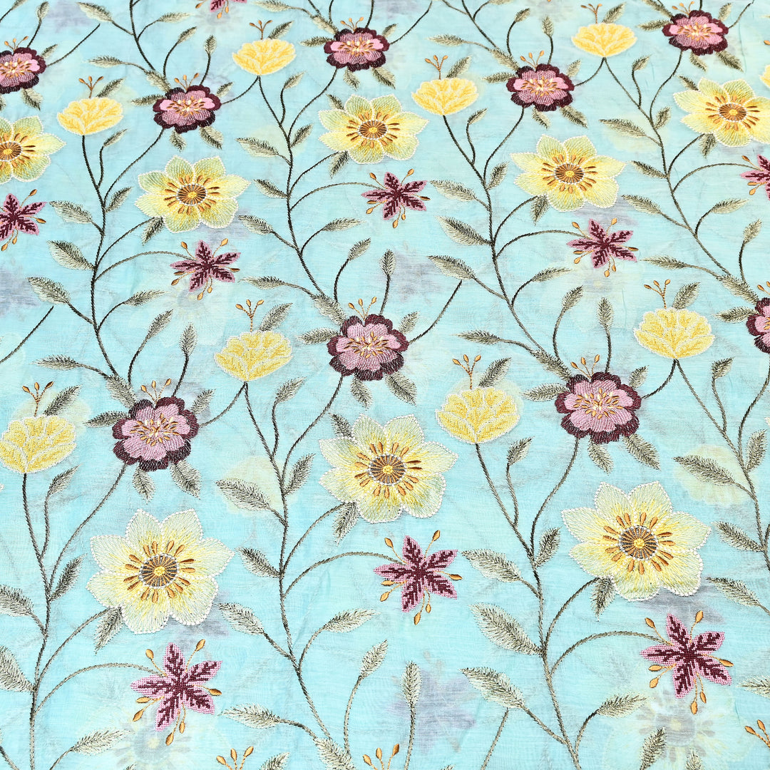 Aqua Mint Color Mul Chanderi Floral Thread Embroidered Fabric - Chanderi Embroidery Fabrics GP3841-05