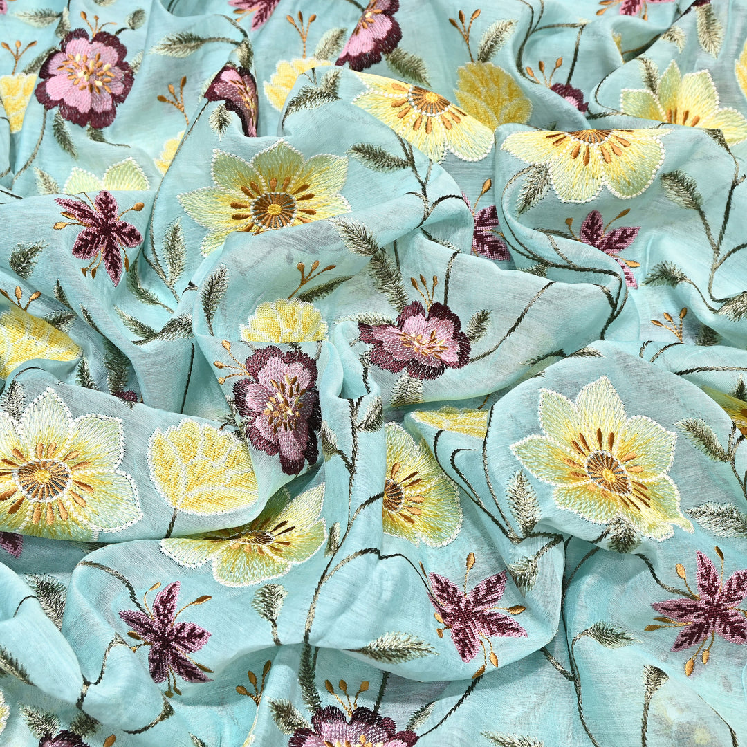 Aqua Mint Color Mul Chanderi Floral Thread Embroidered Fabric - Chanderi Embroidery Fabrics GP3841-05