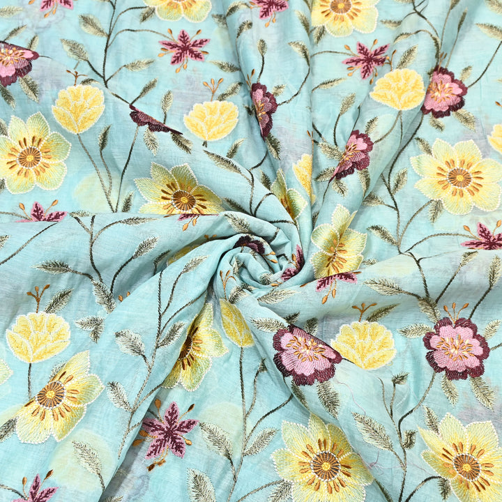 Aqua Mint Color Mul Chanderi Floral Thread Embroidered Fabric - Chanderi Embroidery Fabrics GP3841-05