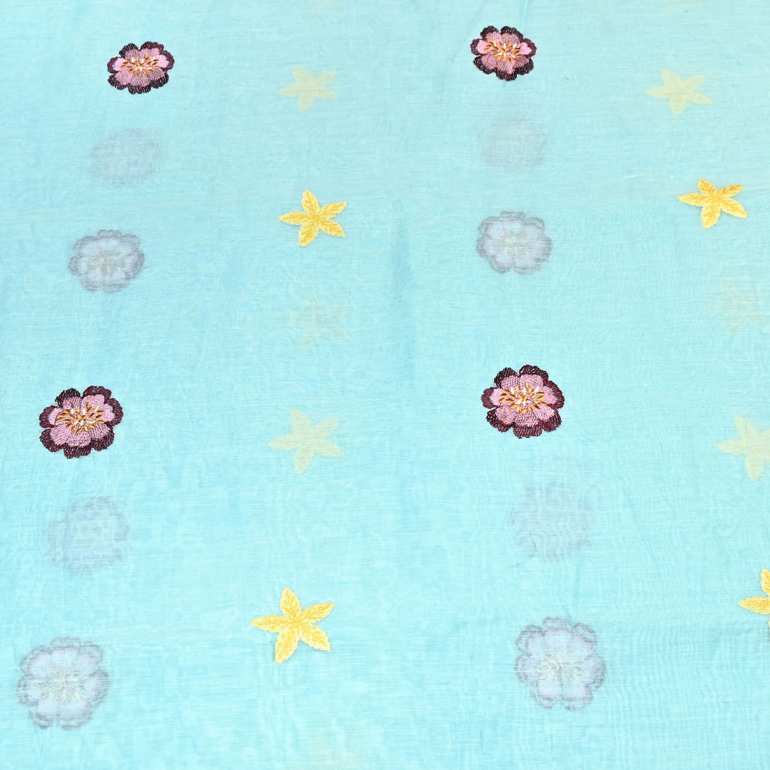 Aqua Mint Color Mul Chanderi Floral Thread Embroidered Fabric - Chanderi Embroidery Fabrics GP3841A-05