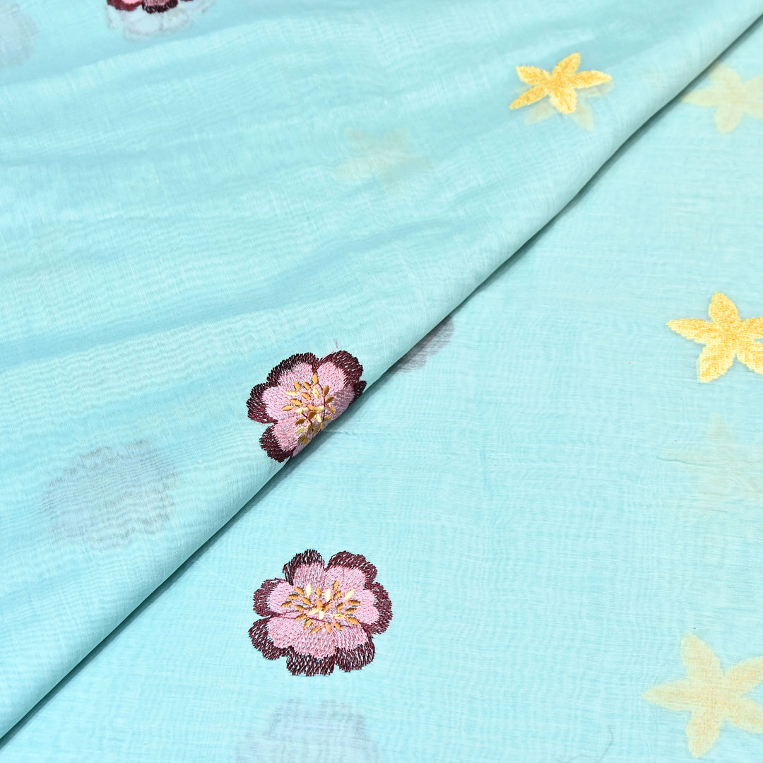 Aqua Mint Color Mul Chanderi Floral Thread Embroidered Fabric - Chanderi Embroidery Fabrics GP3841A-05