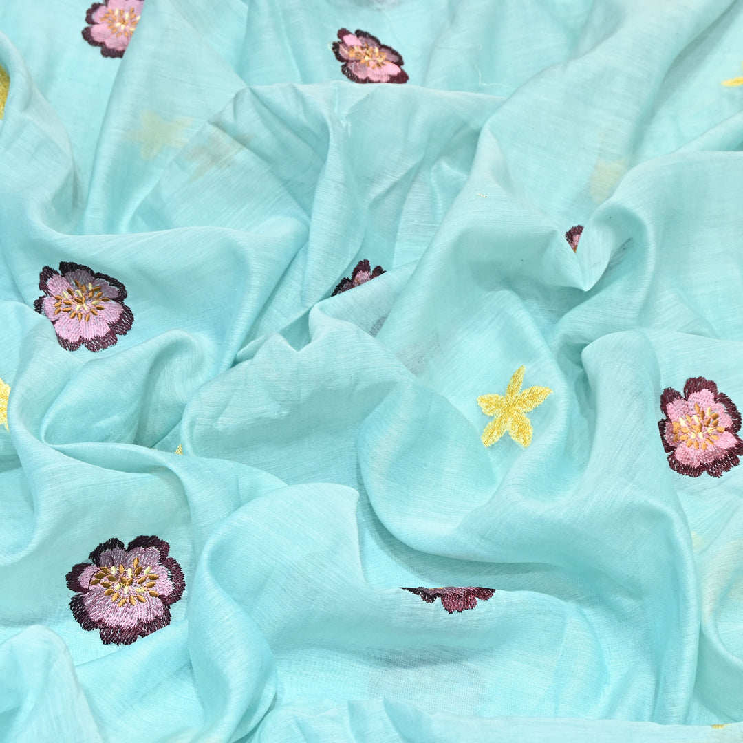 Aqua Mint Color Mul Chanderi Floral Thread Embroidered Fabric - Chanderi Embroidery Fabrics GP3841A-05