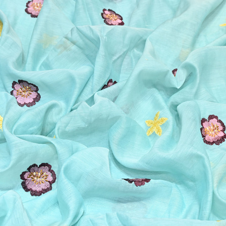 Aqua Mint Color Mul Chanderi Floral Thread Embroidered Fabric - Chanderi Embroidery Fabrics GP3841A-05