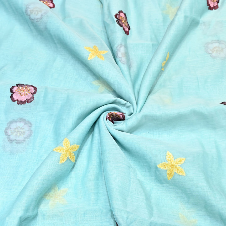 Aqua Mint Color Mul Chanderi Floral Thread Embroidered Fabric - Chanderi Embroidery Fabrics GP3841A-05