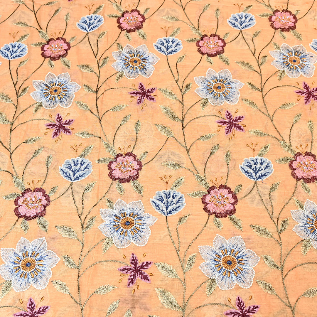 Peach Color Mul Chanderi Floral Thread Embroidered Fabric - Chanderi Embroidery Fabrics GP3841-06