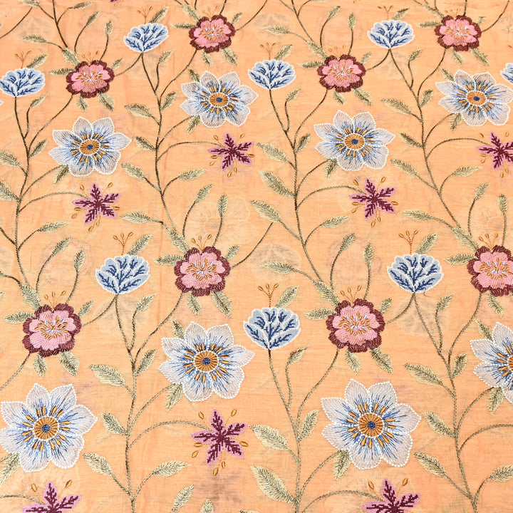 Peach Color Mul Chanderi Floral Thread Embroidered Fabric - Chanderi Embroidery Fabrics GP3841-06