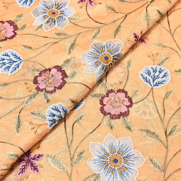 Peach Color Mul Chanderi Floral Thread Embroidered Fabric - Chanderi Embroidery Fabrics GP3841-06