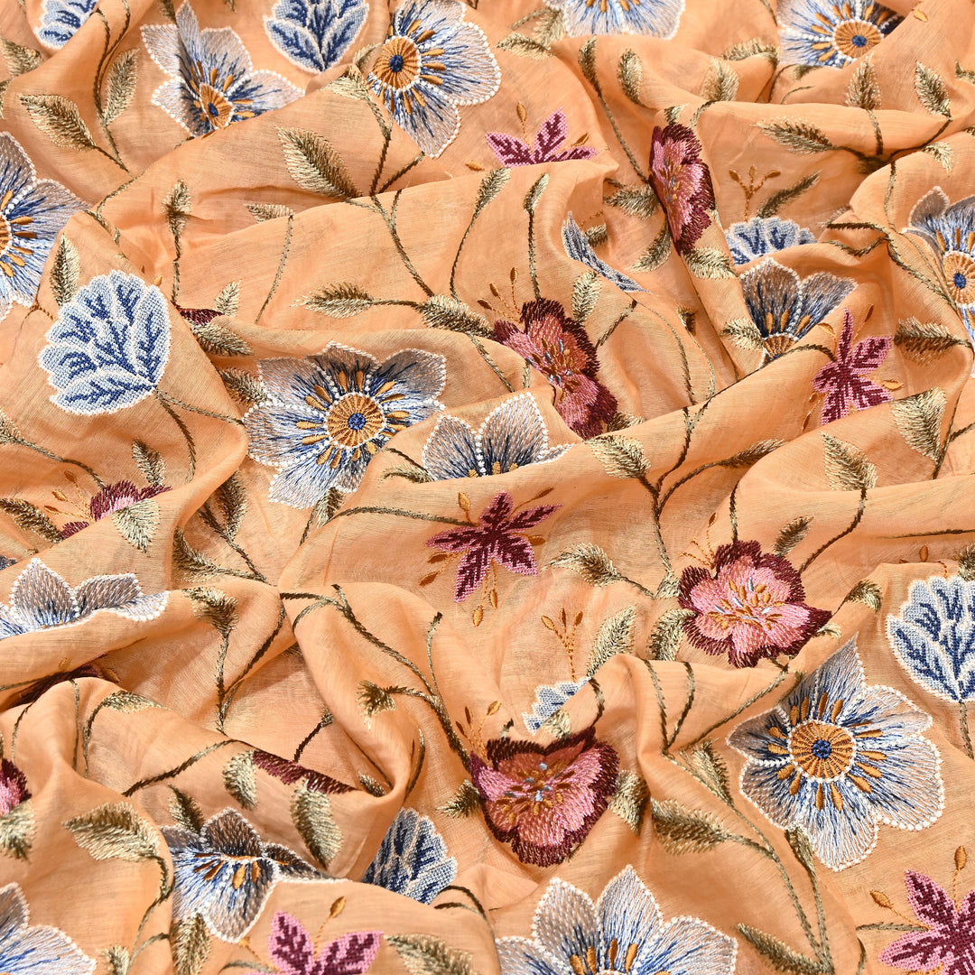Peach Color Mul Chanderi Floral Thread Embroidered Fabric - Chanderi Embroidery Fabrics GP3841-06