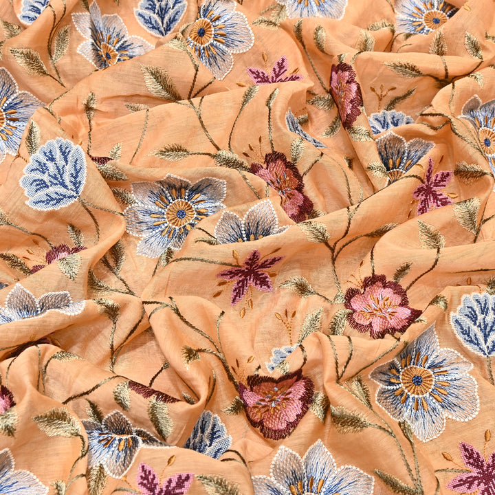 Peach Color Mul Chanderi Floral Thread Embroidered Fabric - Chanderi Embroidery Fabrics GP3841-06