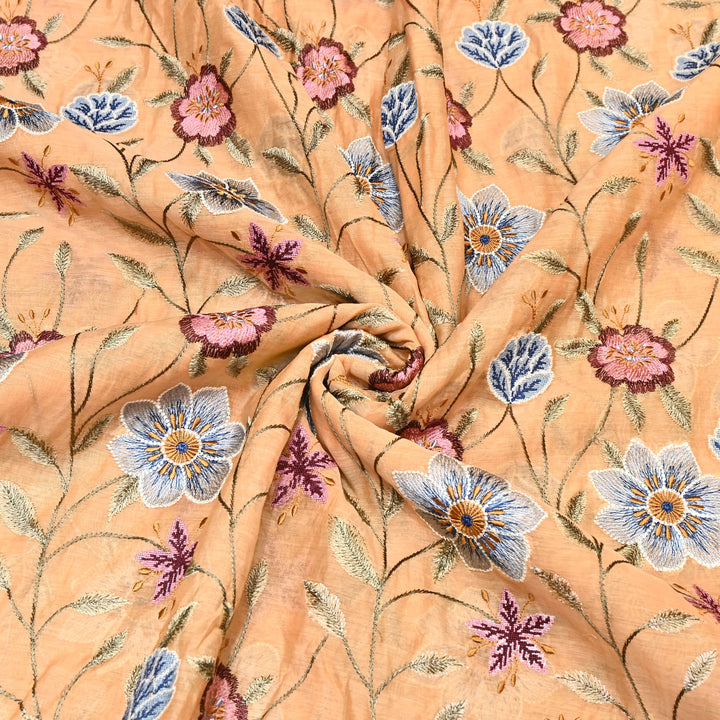 Peach Color Mul Chanderi Floral Thread Embroidered Fabric - Chanderi Embroidery Fabrics GP3841-06