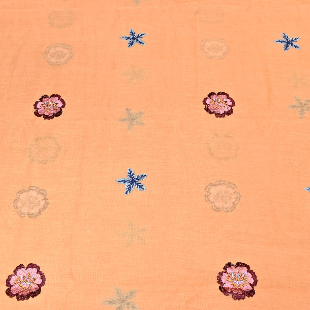 Peach Color Mul Chanderi Floral Thread Embroidered Fabric - Chanderi Embroidery Fabrics GP3841A-06
