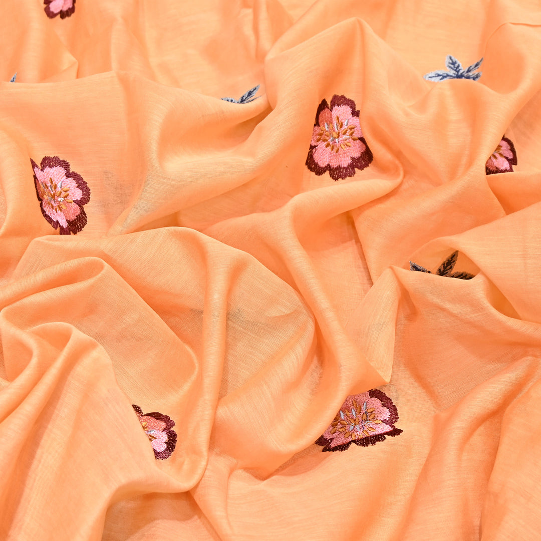 Peach Color Mul Chanderi Floral Thread Embroidered Fabric - Chanderi Embroidery Fabrics GP3841A-06
