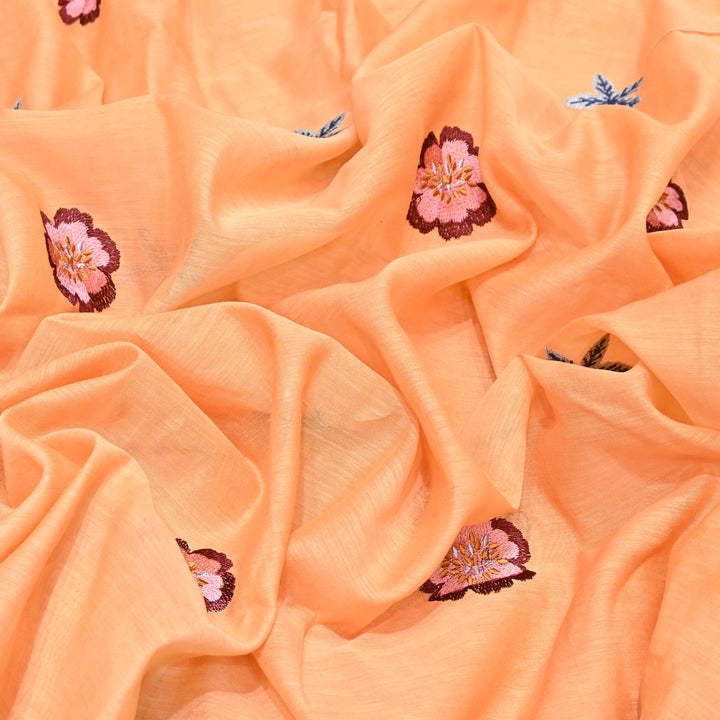 Peach Color Mul Chanderi Floral Thread Embroidered Fabric - Chanderi Embroidery Fabrics GP3841A-06