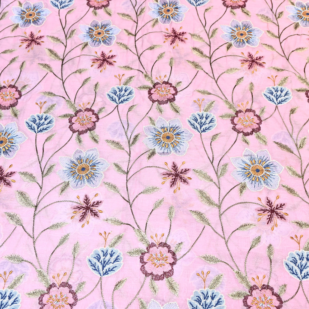 Powder Pink Color Mul Chanderi Floral Thread Embroidered Fabric - Chanderi Embroidery Fabrics GP3841-07