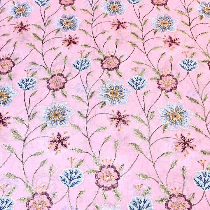 Powder Pink Color Mul Chanderi Floral Thread Embroidered Fabric - Chanderi Embroidery Fabrics GP3841-07