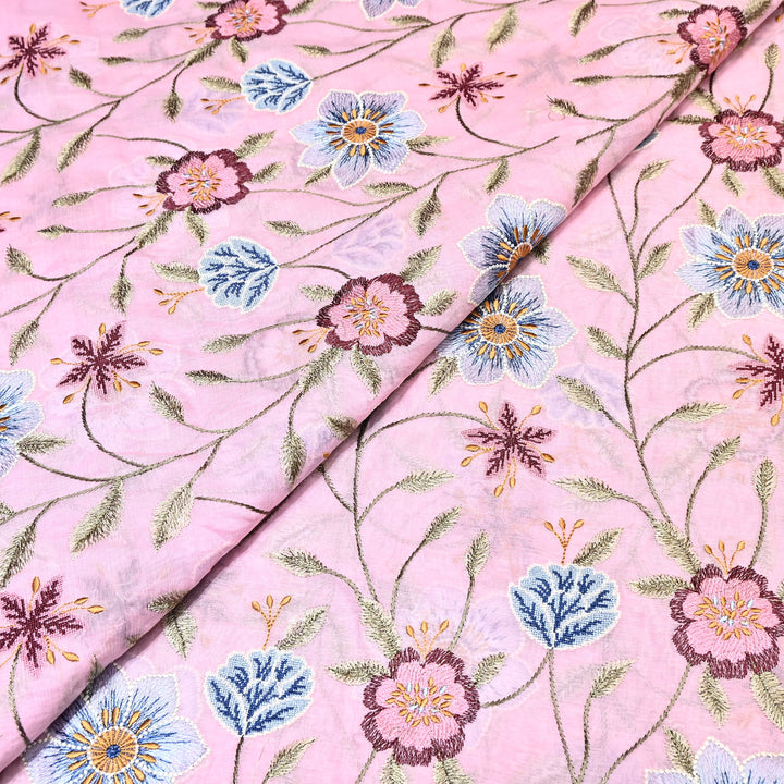 Powder Pink Color Mul Chanderi Floral Thread Embroidered Fabric - Chanderi Embroidery Fabrics GP3841-07