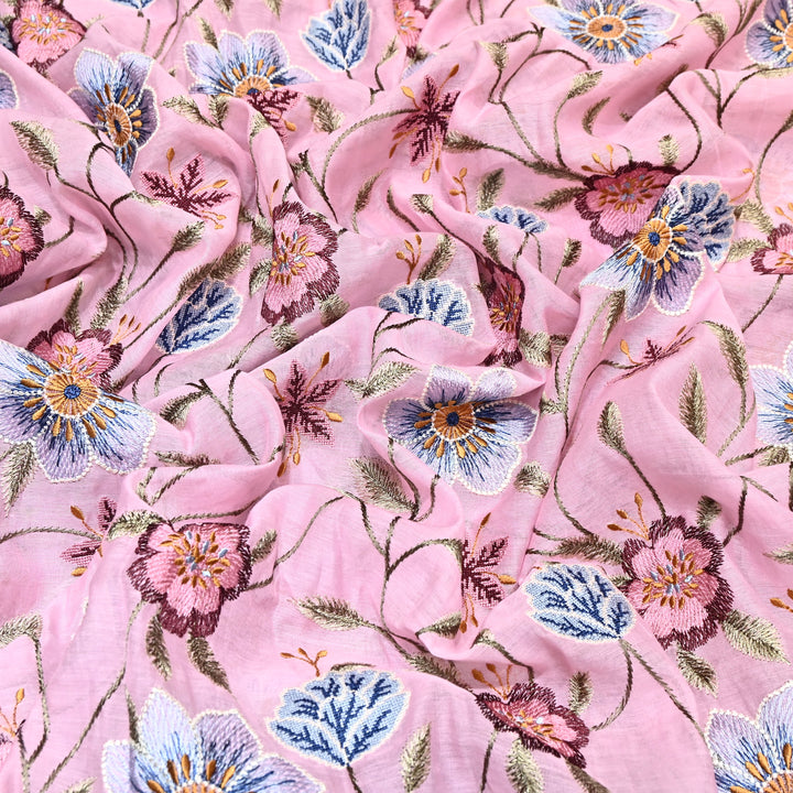 Powder Pink Color Mul Chanderi Floral Thread Embroidered Fabric - Chanderi Embroidery Fabrics GP3841-07