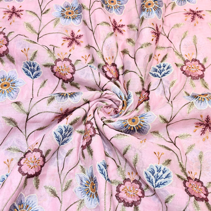 Powder Pink Color Mul Chanderi Floral Thread Embroidered Fabric - Chanderi Embroidery Fabrics GP3841-07