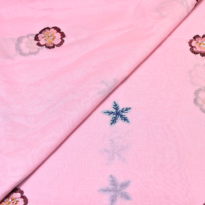 Powder Pink Color Mul Chanderi Floral Thread Embroidered Fabric - Chanderi Embroidery Fabrics GP3841A-07