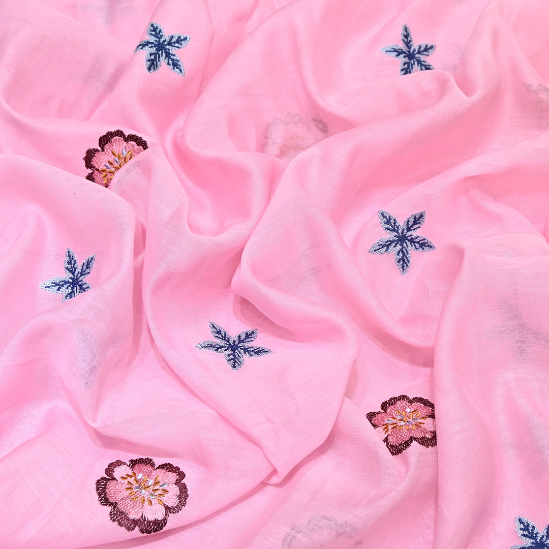 Powder Pink Color Mul Chanderi Floral Thread Embroidered Fabric - Chanderi Embroidery Fabrics GP3841A-07
