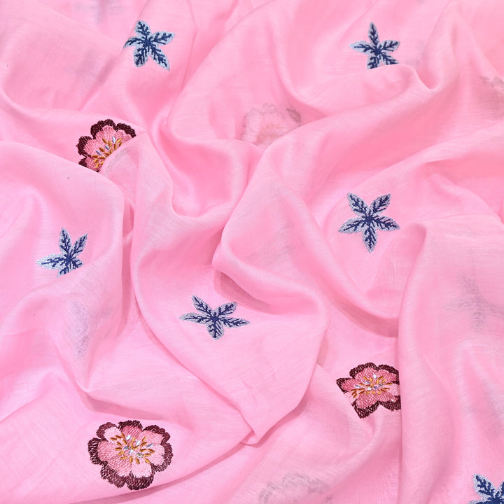 Powder Pink Color Mul Chanderi Floral Thread Embroidered Fabric - Chanderi Embroidery Fabrics GP3841A-07