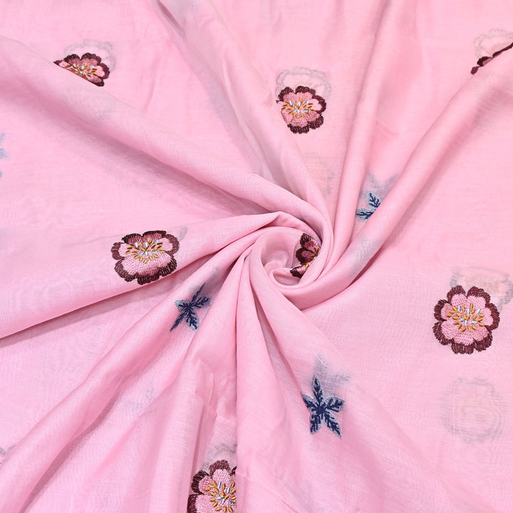 Powder Pink Color Mul Chanderi Floral Thread Embroidered Fabric - Chanderi Embroidery Fabrics GP3841A-07