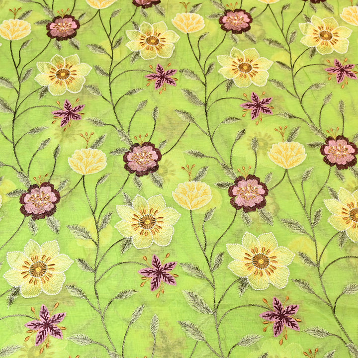 Lime Green Color Mul Chanderi Floral Thread Embroidered Fabric - Chanderi Embroidery Fabrics GP3841-01