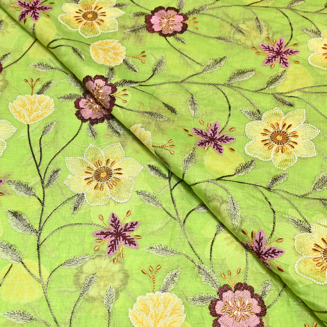 Lime Green Color Mul Chanderi Floral Thread Embroidered Fabric - Chanderi Embroidery Fabrics GP3841-01