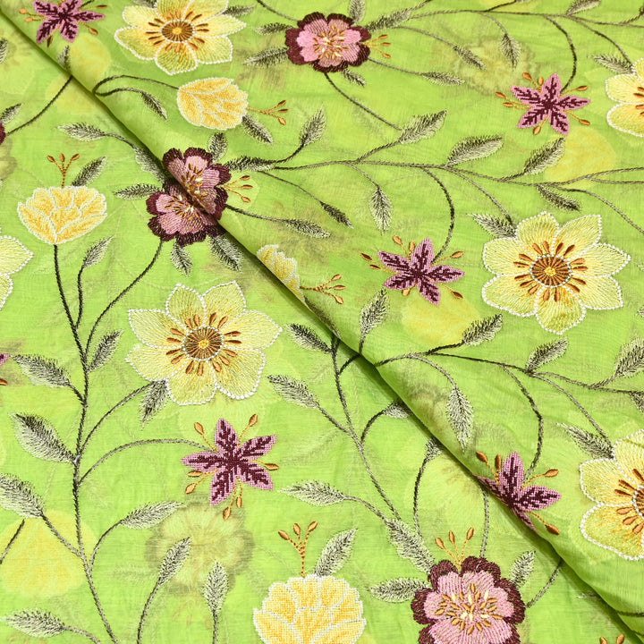 Lime Green Color Mul Chanderi Floral Thread Embroidered Fabric - Chanderi Embroidery Fabrics GP3841-01