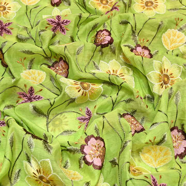 Lime Green Color Mul Chanderi Floral Thread Embroidered Fabric - Chanderi Embroidery Fabrics GP3841-01