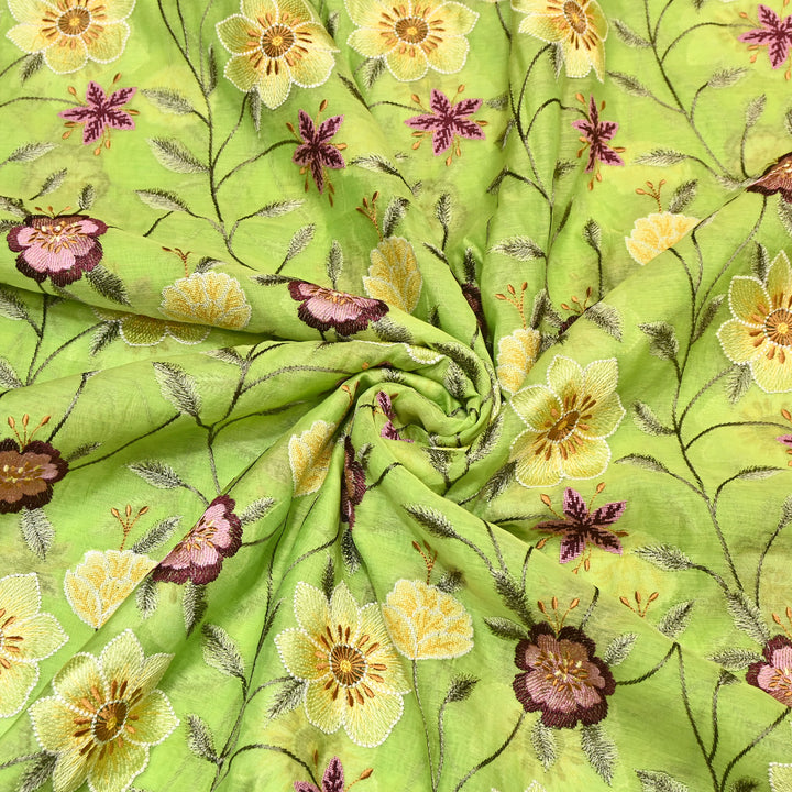 Lime Green Color Mul Chanderi Floral Thread Embroidered Fabric - Chanderi Embroidery Fabrics GP3841-01