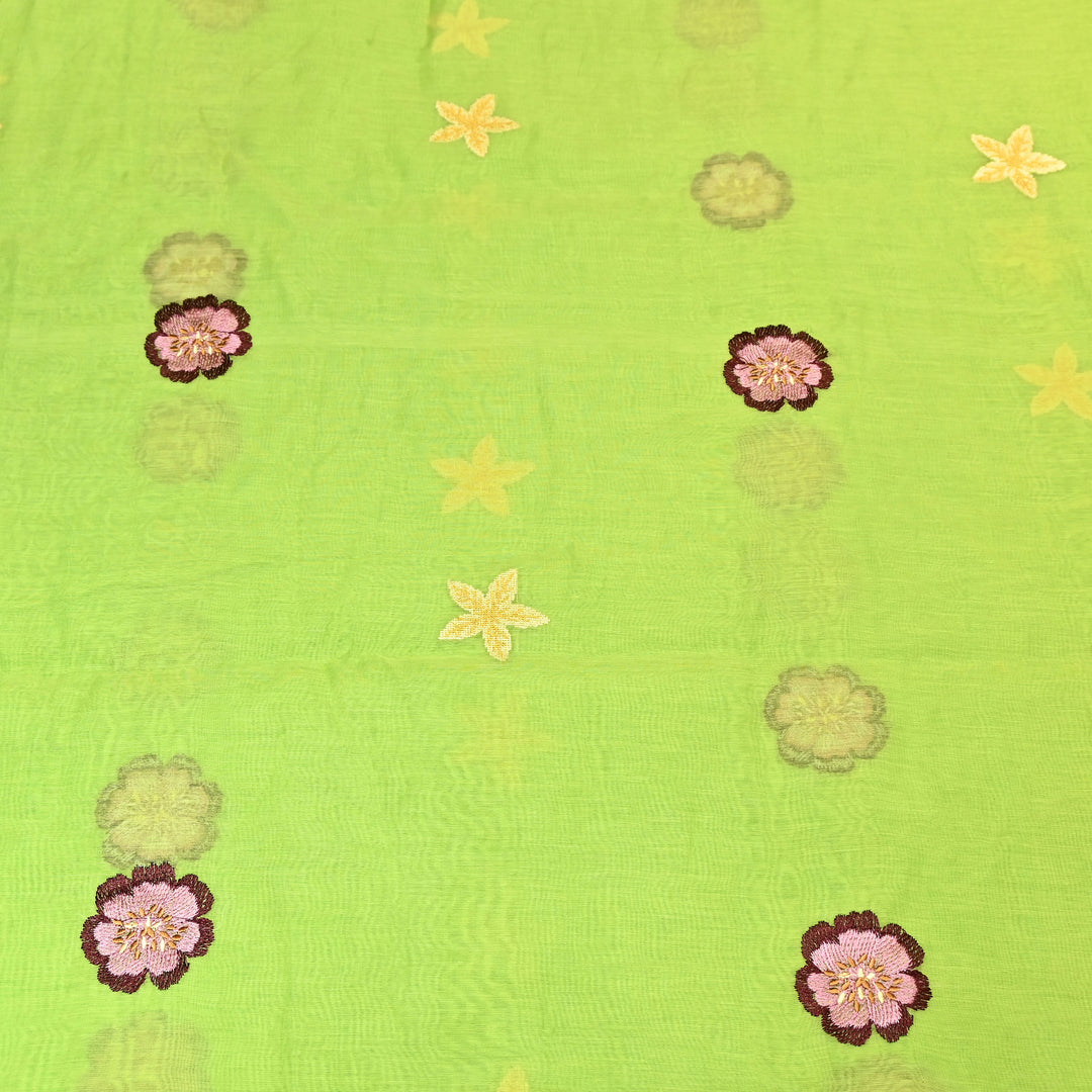Lime Green Color Mul Chanderi Floral Thread Embroidered Fabric - Chanderi Embroidery Fabrics GP3841A-01