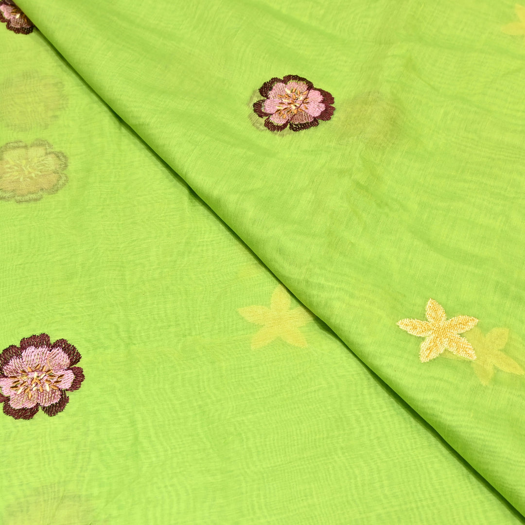 Lime Green Color Mul Chanderi Floral Thread Embroidered Fabric - Chanderi Embroidery Fabrics GP3841A-01